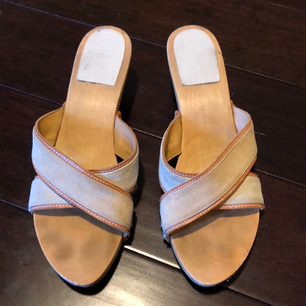 Coach Wood & Suede Kitten Heel Sandals